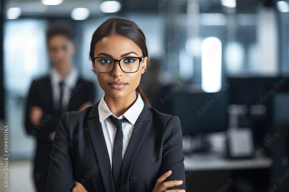 Young businesswoman standing with arms crossed in an office. Generative AI Young businesswoman standing with arms crossed in an office. Generative AI