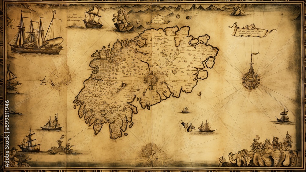 Obraz premium Vintage old aged map on an old antique parchment. Generative AI. 