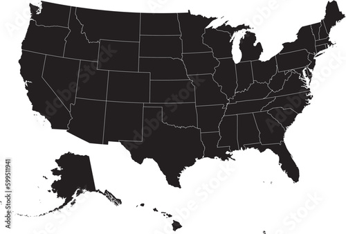 BLACK CMYK color detailed flat map of the UNITED STATES OF AMERICA on transparent background with white federal states borders