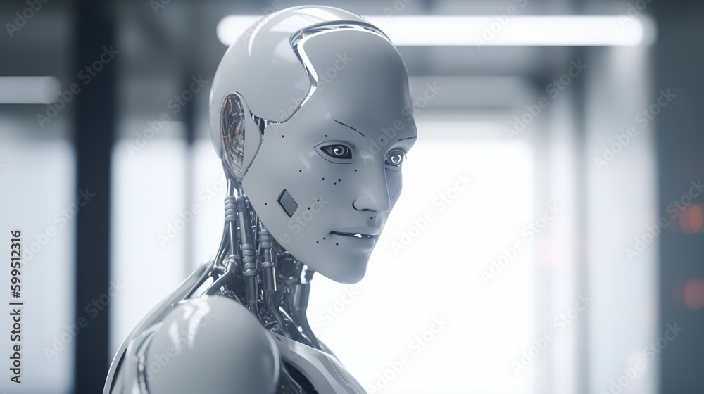 Humanoid robot gorgeous full in trendy style on light background. Realistic people character illustration. Fashion illustration. UI UX Design. Metal background.