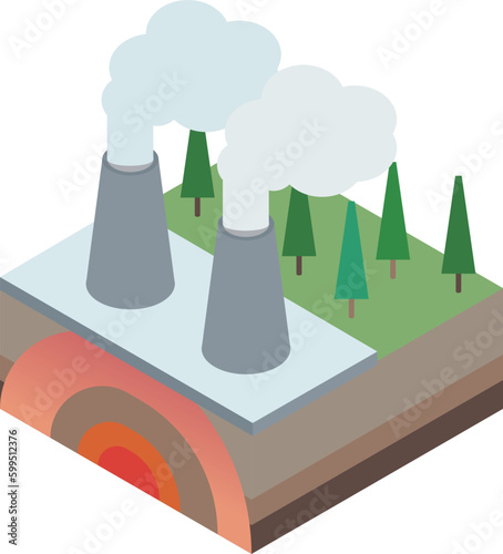 地熱で発電するシンプルなアイソメイラスト