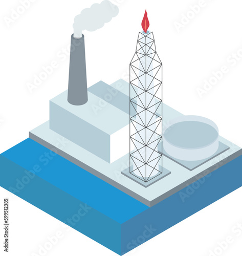 石油で発電するシンプルなアイソメイラスト