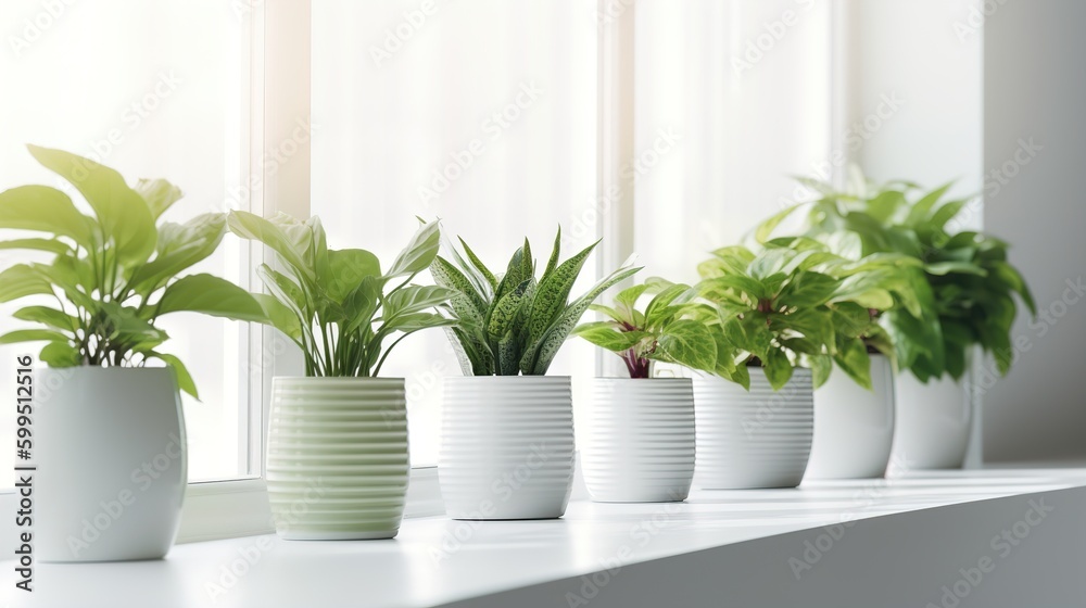 Fototapeta premium Houseplants in pots standing on the windowsill on a sunny day. AI generation