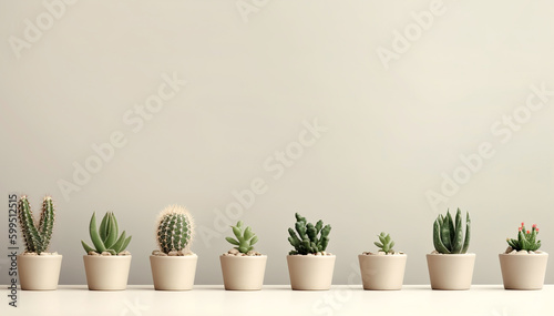 Potted cacti standing in a row on an empty beige background with space for text. AI generation