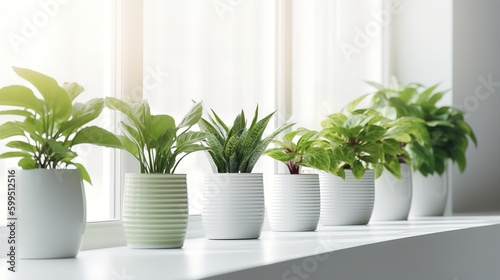 Houseplants in pots standing on the windowsill on a sunny day. AI generation