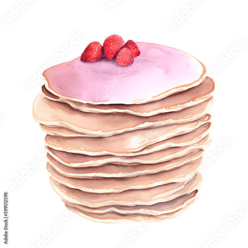 Digital vector watercolor hand drawn pancakes. Isolated dessert illustration on white background