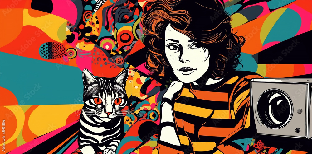 banner size of a girl with her cat, cartoon pop style, bright colors, generative ai illustration