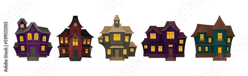 Gloomy Halloween Houses with Scary Shiny Yellow Windows Vector Set