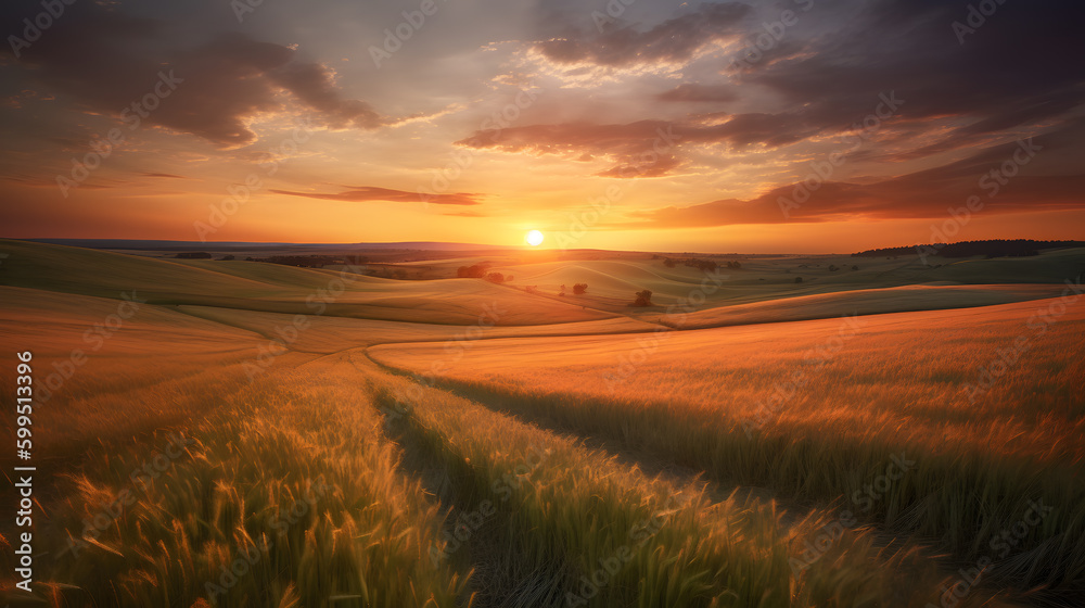 A vibrant sunset sky over rolling hills of wheat fields make for a breathtaking summer landscape A vibrant sunset sky over rolling hills of wheat fields make for a breathtaking summer landscape