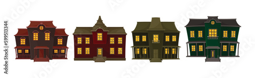 Gloomy Halloween Houses with Scary Shiny Yellow Windows Vector Set