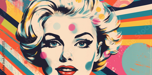 collage pop art portrait of a beautiful woman, posterbanner size , bright colors, generative ai illustration