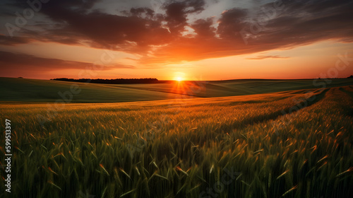 A vibrant sunset sky over rolling hills of wheat fields make for a breathtaking summer landscape