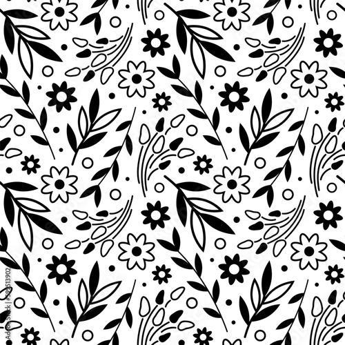 Monochrome seamless floral pattern. Vector illustration of plant ornament. Black and white drawing of twigs with leaves and buds. Botanical background.