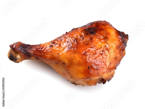 Tasty grilled chicken leg on white background, top view. BBQ food