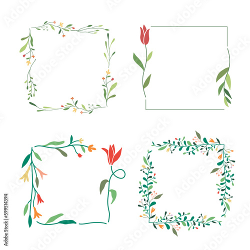 Flower and leaf frame decoration. Botanical border, wreath design. 
