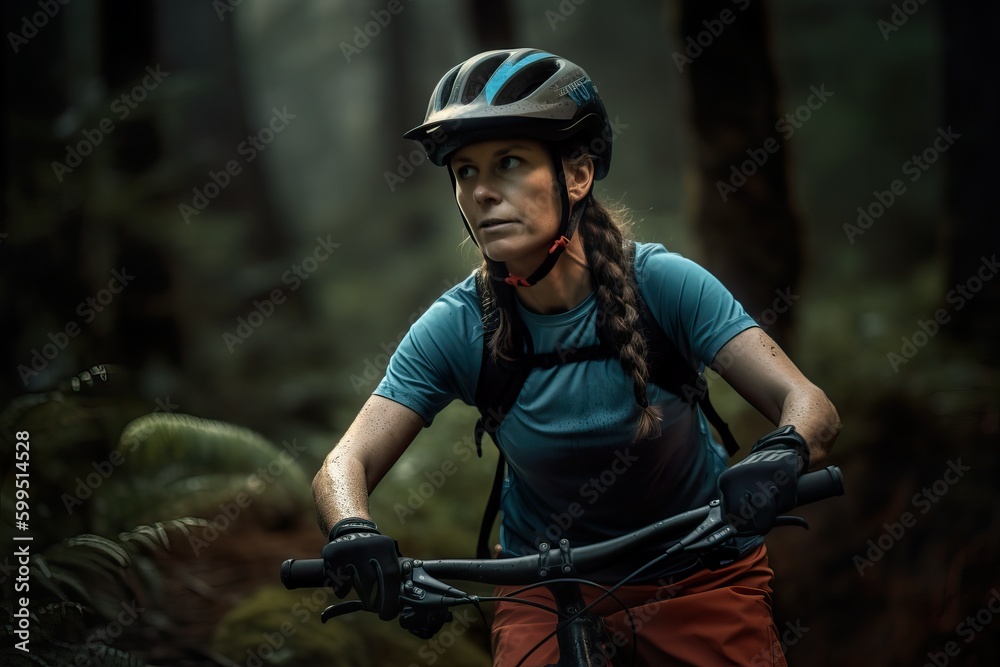 A fictional person. Confident Female Mountain Biker on Electric Mountain Bike