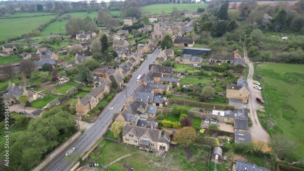 Bourton on the Hill Cotswold village UK drone aerial view Bourton on the Hill Cotswold village UK drone aerial view