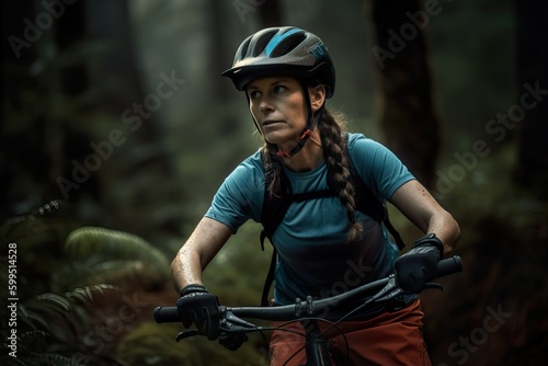 A fictional person. Confident Female Mountain Biker on Electric Mountain Bike