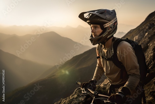 A fictional person. Passionate mountain biker riding an electric bike in rugged mountain landscape