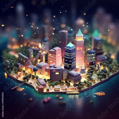 3D illustration of a virtual miniature town with night view of skyscrapers. generative ai
