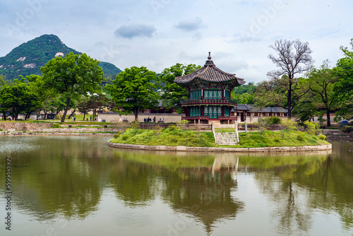 Spring in Gyeongbokgung Palace-View of Hyangwonjeong Pavilion- Seoul, Korea