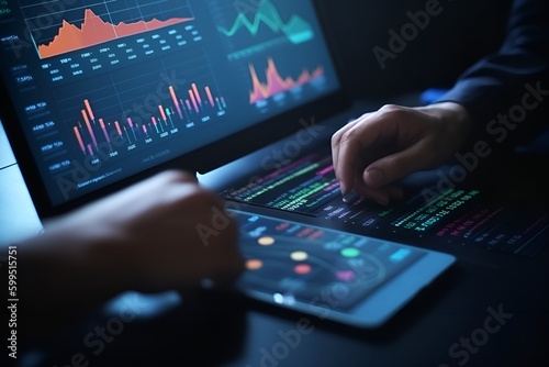 Data analysis, financial dashboard or accounting, corporate revenue or investment profit, tax, budget or marketing strategy concept, business people working with financial dashboard and calculator.