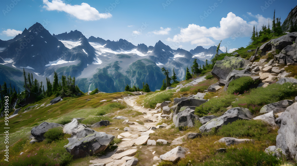 A stunning mountain vista with clear blue skies and snow-capped peaks is a summer hiker's paradise. A stunning mountain vista with clear blue skies and snow-capped peaks is a summer hiker's paradise.