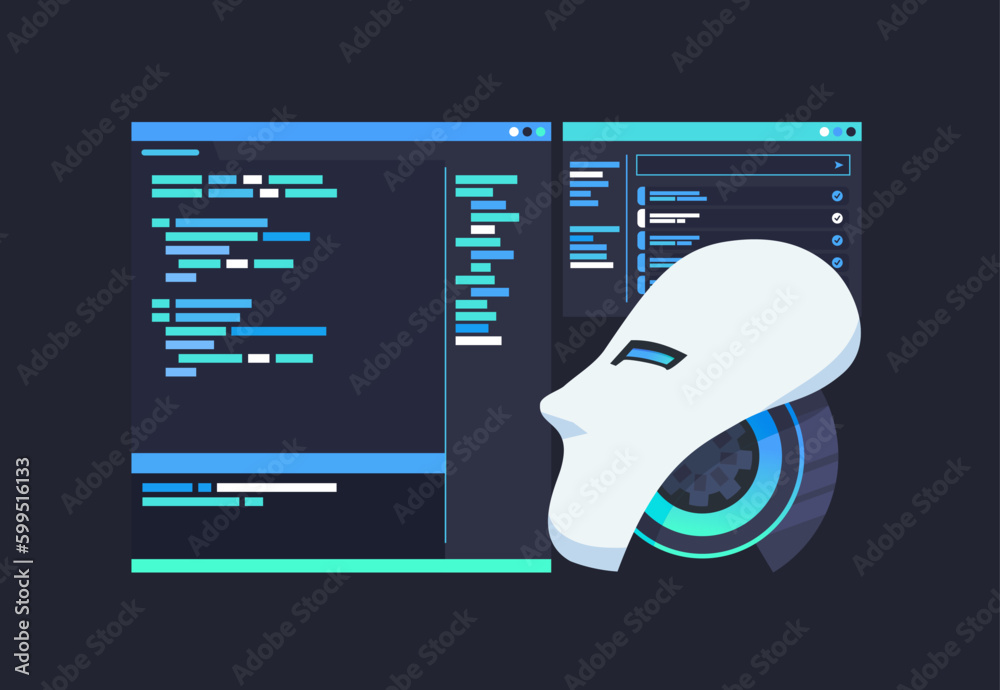 Coding Assistant Artificial Intelligence Robot Programming Pair Code Refactoring Generation and Debugging Vector Illustration Concept
