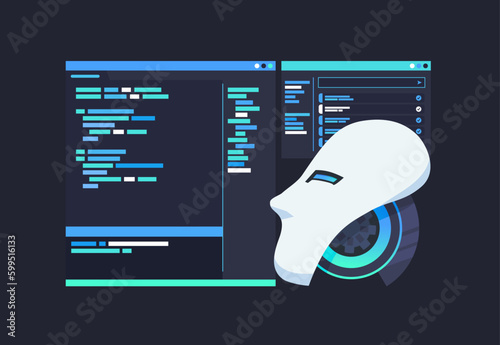 Coding Assistant Artificial Intelligence Robot Programming Pair Code Refactoring Generation and Debugging Vector Illustration Concept