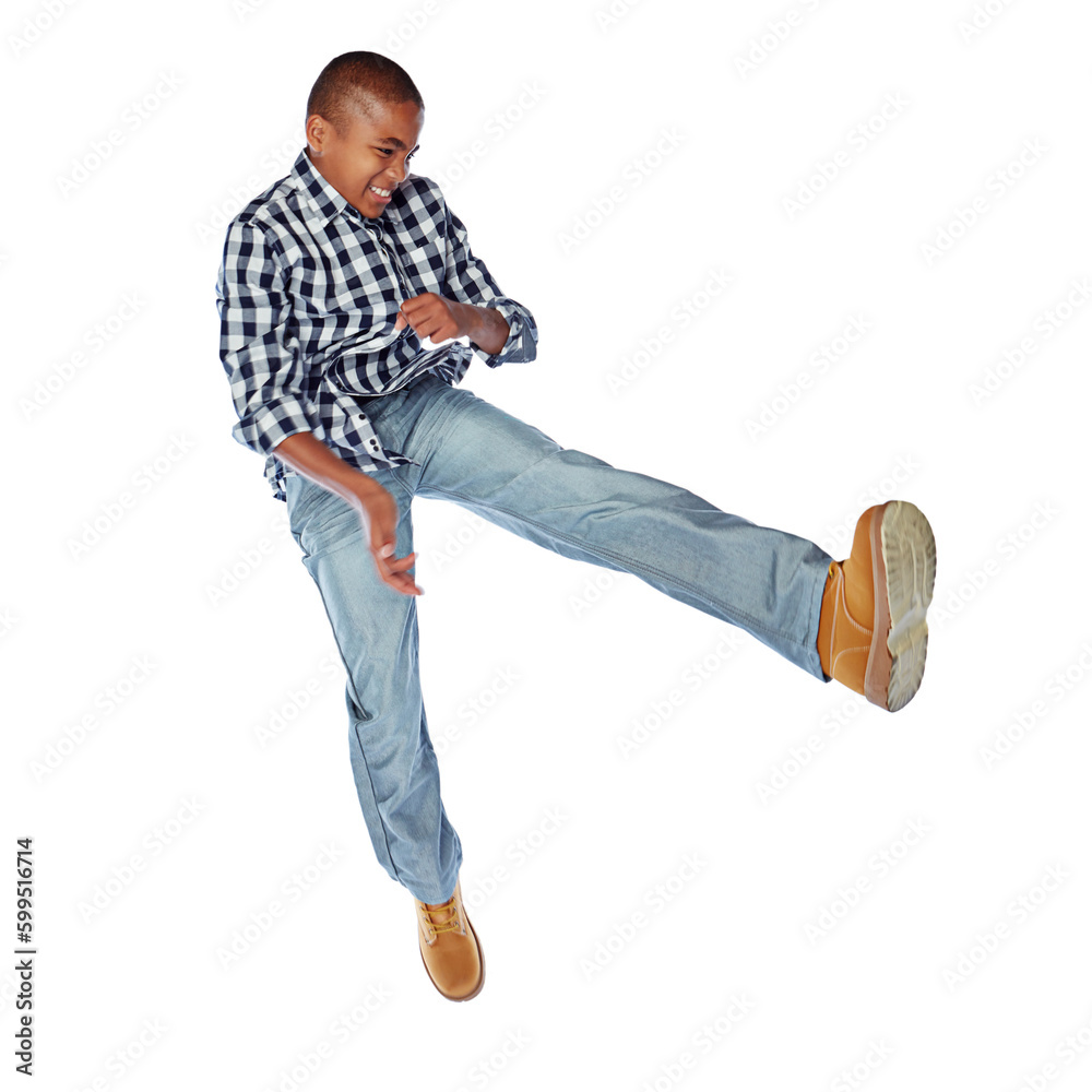 Naklejka premium Inspired to move. Studio shot of a young boy jumping energetically against a white background.