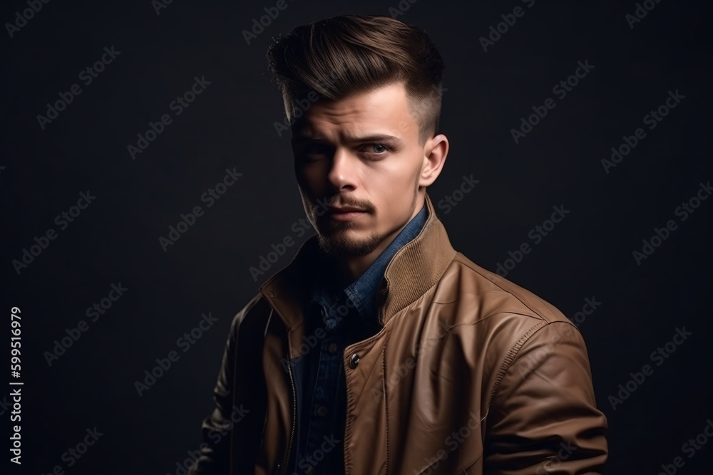 Fototapeta premium Fashionable male model posing in trendy jacket. Generative Ai.