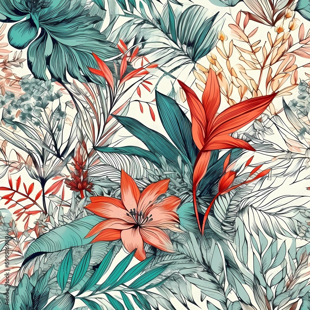 Seamless drawing of palm leaves, tropical leaves and flowers in a modern style, tropical print pattern on a white background, art botanic design, bright colors. Generative Ai. Seamless drawing of palm leaves, tropical leaves and flowers in a modern style, tropical print pattern on a white background, art botanic design, bright colors. Generative Ai.
