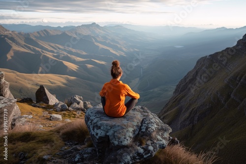 Mountain Meditation: A female woman doing yoga on a mountaintop with a beautiful landscape in the background. Generative Ai.