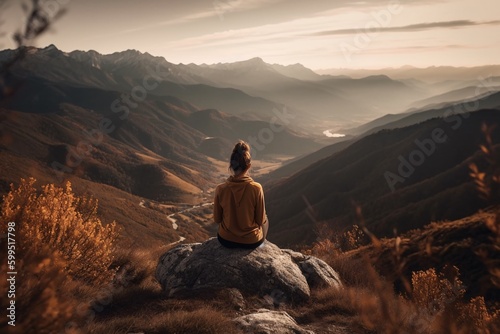 Mountain Meditation: A female woman doing yoga on a mountaintop with a beautiful landscape in the background. Generative Ai.