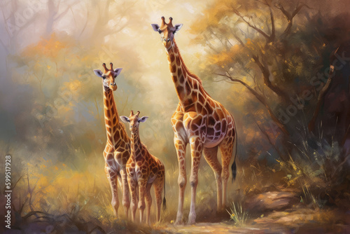 Giraffe Family in the Concept art of Oil Painting. Generative AI