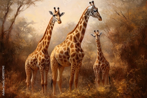 Giraffe Family in the Concept art of Oil Painting. Generative AI