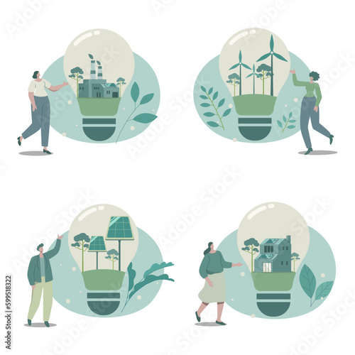 Set of Eco friendly sustainable alternative energy , Solar panel, Green factory, Wind turbine, Modern ecology house in the light bulb, Vector design illustration.