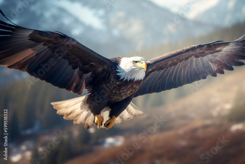 A bald eagle in flight in nature. Created with Generative AI technology.