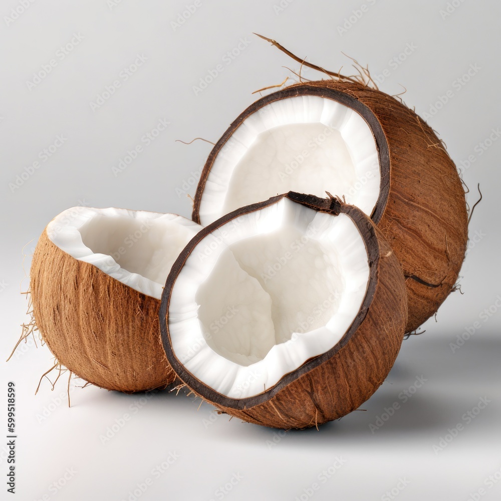 Fresh organic raw coconut open in half on grey background Generative AI Illustration Fresh organic raw coconut open in half on grey background Generative AI Illustration
