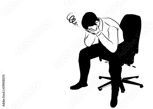 椅子に座って悩む男性会社員のシルエットイラスト もやもやマーク付きのビジネスシーン素材