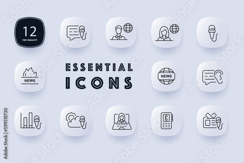 News icon set. News media, journalism, reporting, and broadcasting. News outlet, current events. Information concept. Neomorphism style. Vector line icon for Business and Advertising