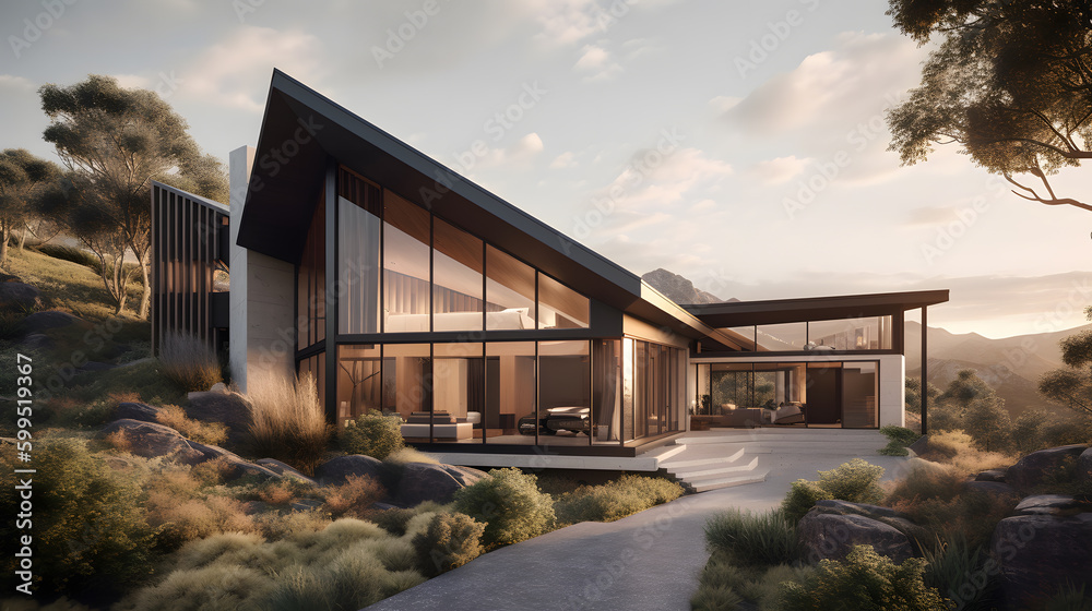 Get inspired by this breathtaking stock image showcasing a gorgeous contemporary house design featuring an impressive entrance with a dramatic roofline and panoramic views of the surrounding nature.