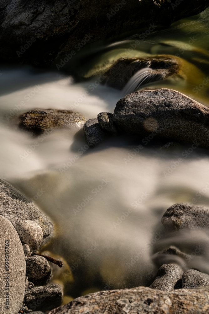 Fototapeta premium Torrente di montagna in luce diurna fotografato con esposizione lunga, effetto mosso dell'acqua che scorre velocemente