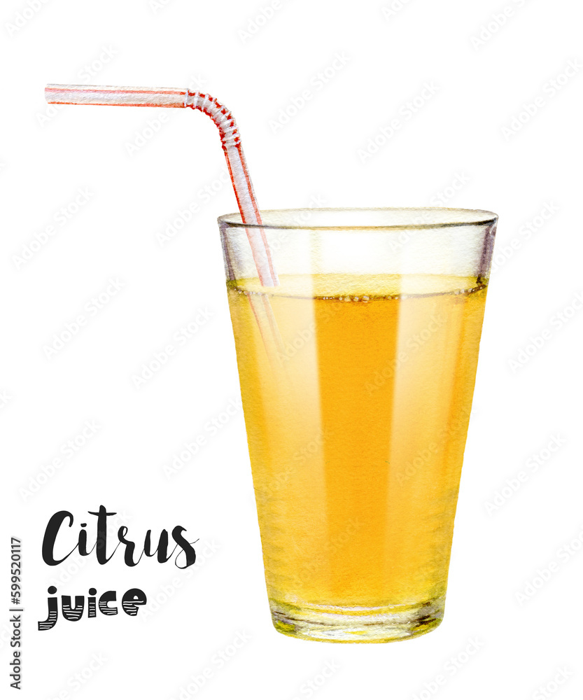 Watercolor citrus juice in a glass with a straw isolated on white background. Hand-drawn painting Watercolor citrus juice in a glass with a straw isolated on white background. Hand-drawn painting