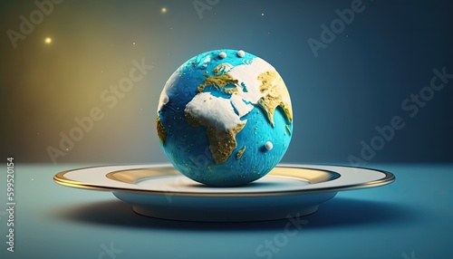 Globe model placed on plate for serve menu in famous hotels. International cuisine is practiced around the world. World food inter concept