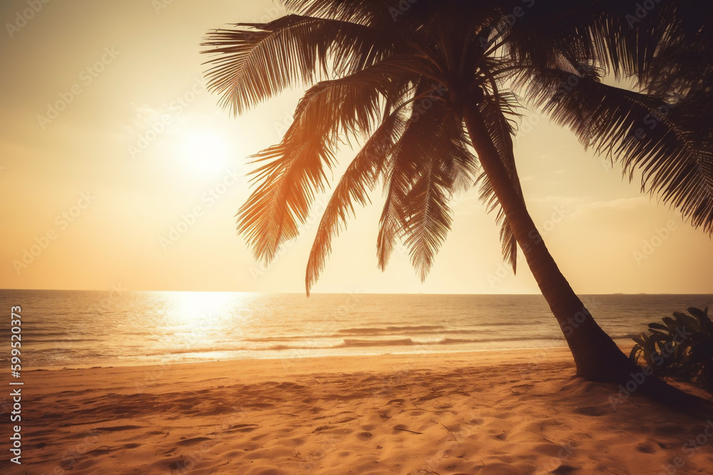Tropical beach paradise with a coconut palms tree in a white sand at sunset. Vintage photography background. Generative AI