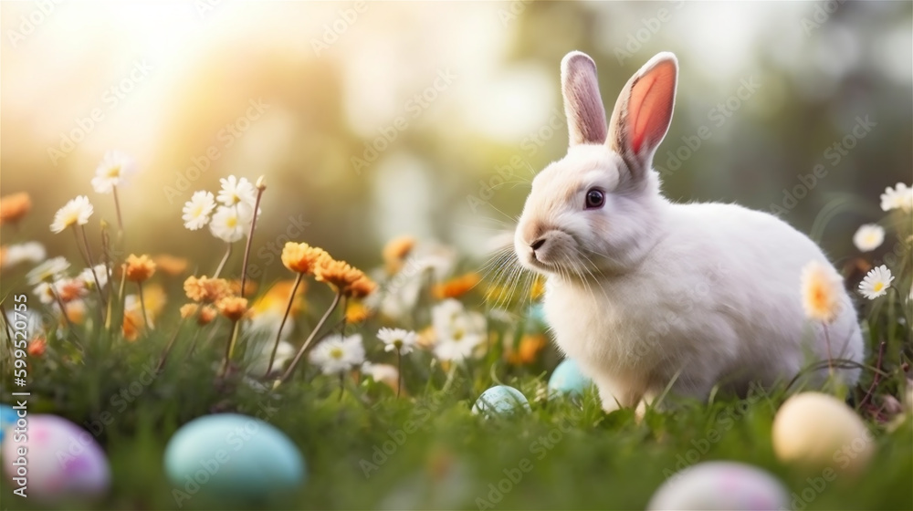 Fototapeta premium Easter white bunny and eggs on a meadow