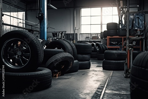 Mechanic service is changing new tires and wheels. on the garage background © ttonaorh