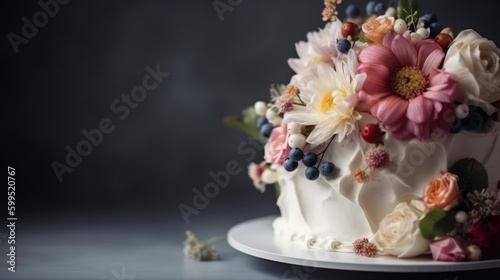 Romantic Confectionery. Indulge in the sweetness of a floral-themed wedding cake, carefully crafted as a centerpiece, against an empty background with copy space. Cake concept AI Generative