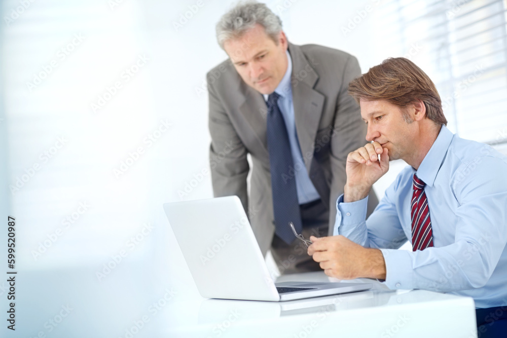 Bringing in some extra eyes on the project. two mature businessman working with a laptop. Bringing in some extra eyes on the project. two mature businessman working with a laptop.